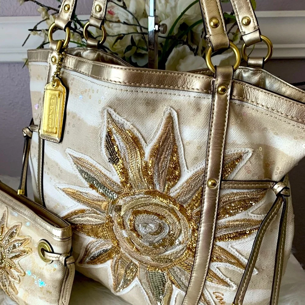 Coach Gold & Cream Floral Sequin Tote with Wristlet